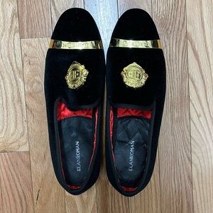 Elanroman Mens Black Velvet Loafers Gold Hardware Red Quilted Lining Size 43 10